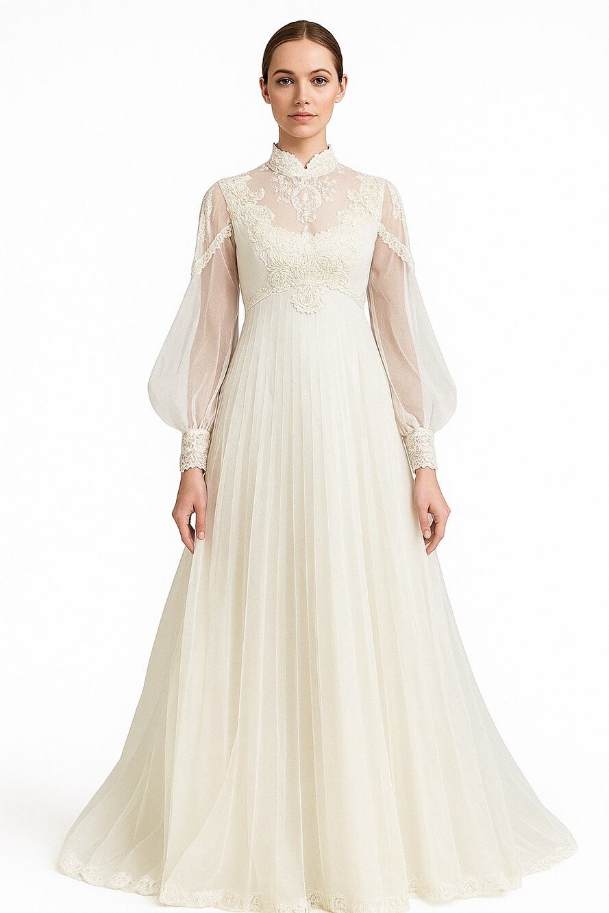 Vintage 1960s Lace Illusion High Neck Bridal Wedding Gown w/ Train
 XS
